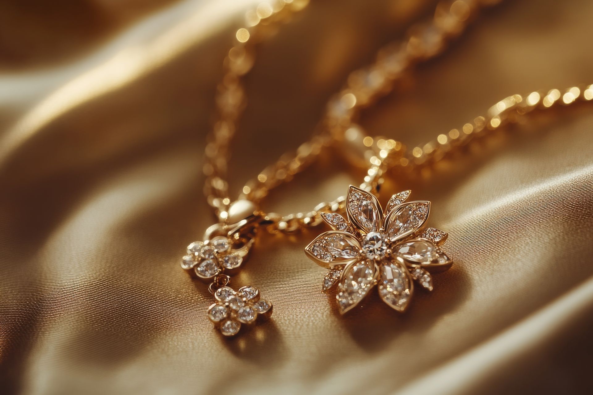 Collier en or avec pendentifs floraux en diamant étincelants sur un tissu en satin doux