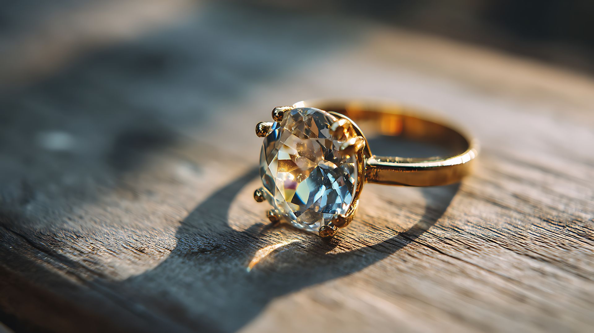 Bague en or ornée d'un gros diamant posée sur une surface en bois sous une lumière chaude
