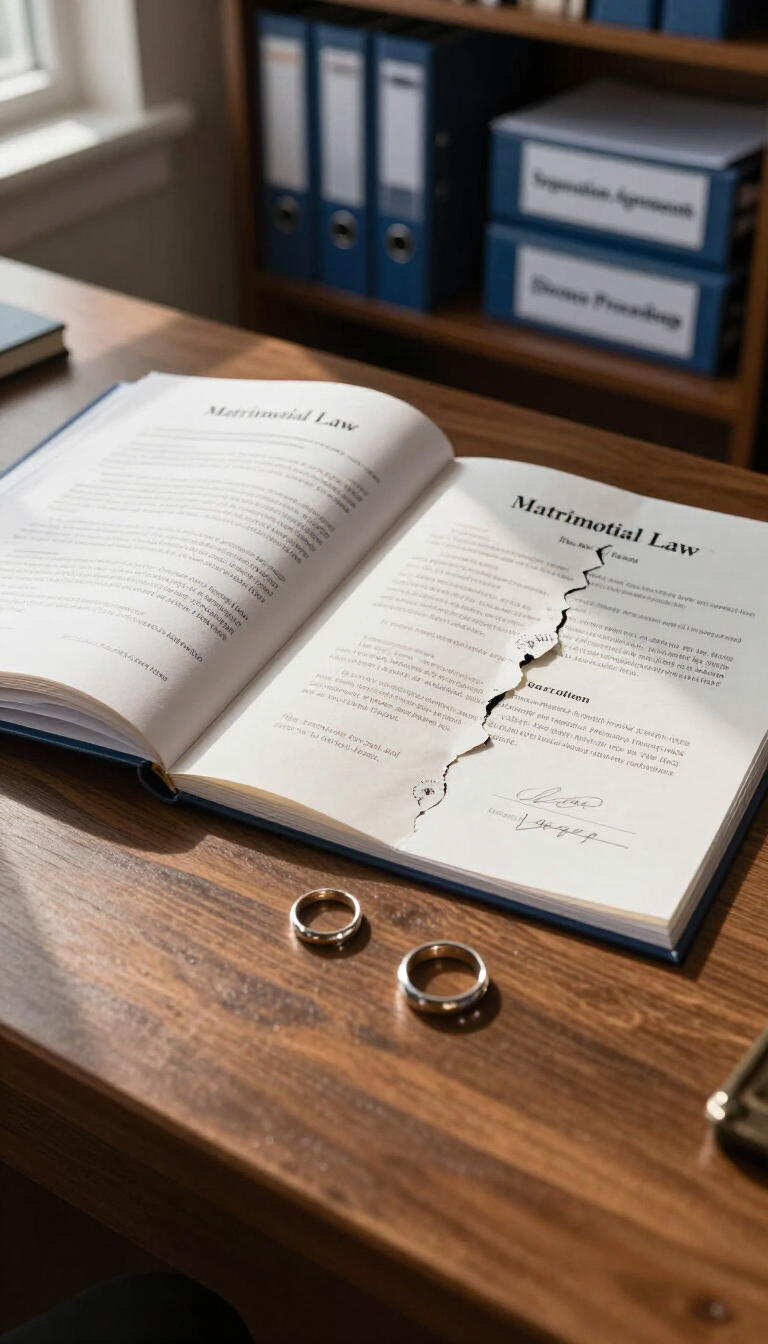 Un libro de leyes abierto con la página partida y anillos de boda sobre un escritorio de madera en una oficina.
