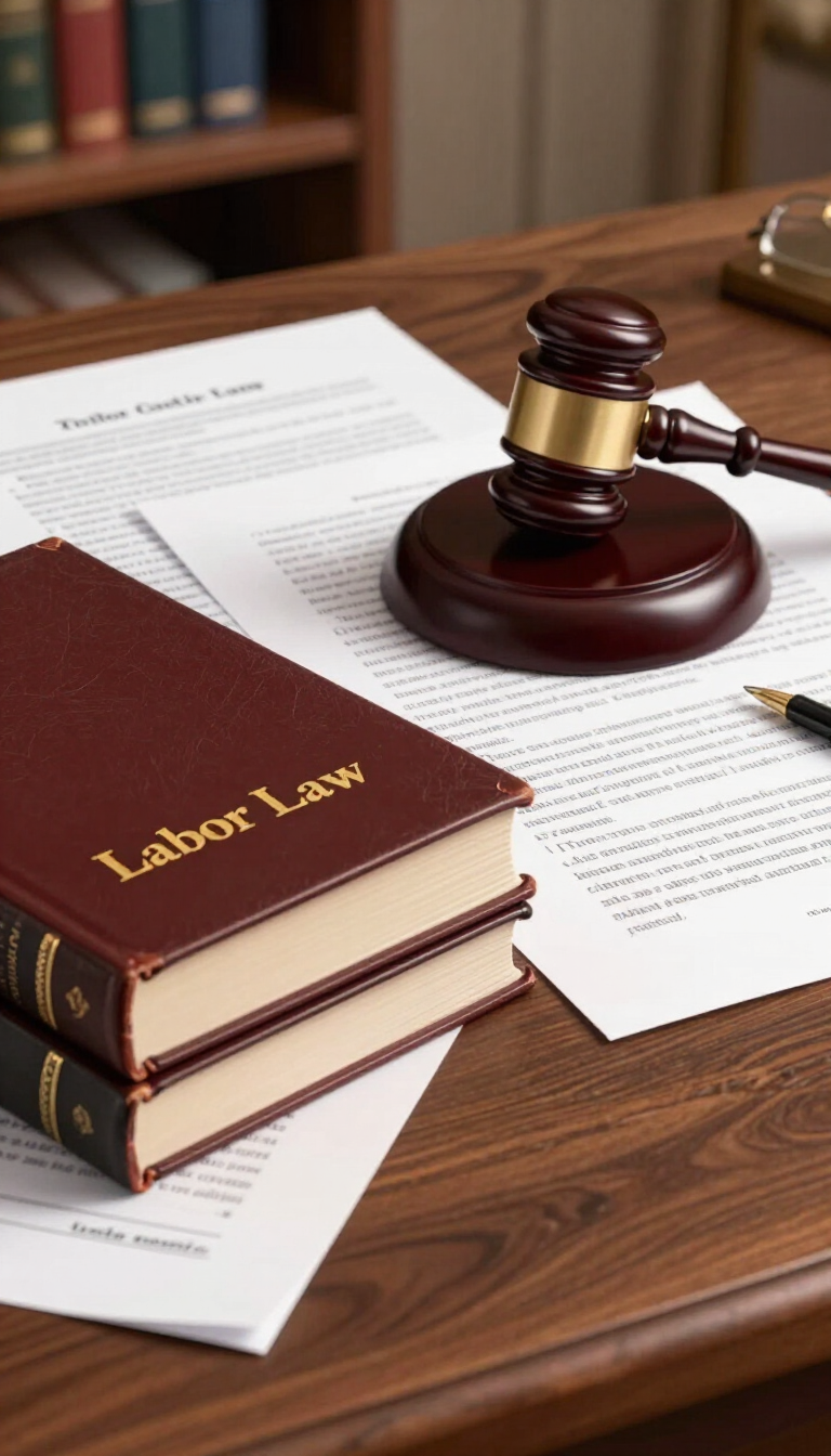 Un libro de leyes junto a un mazo y documentos legales sobre un escritorio de madera.