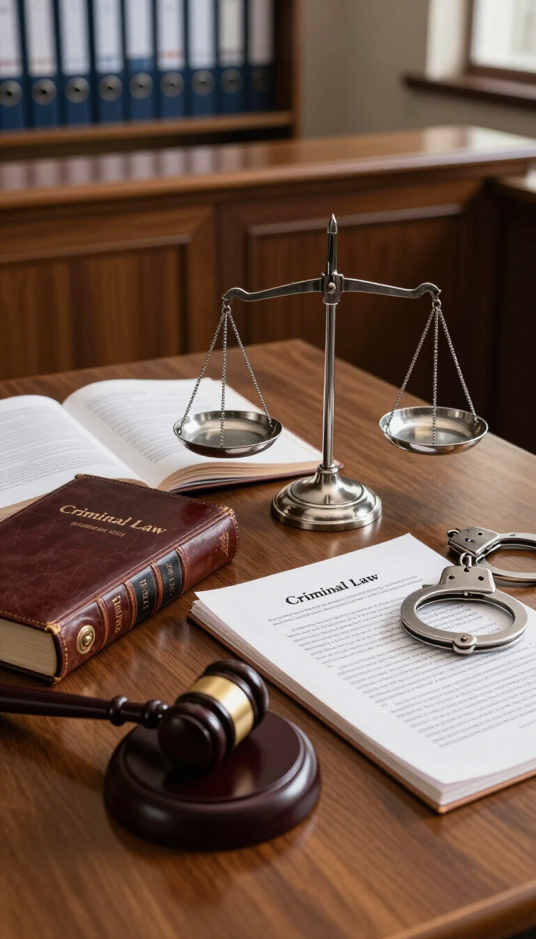 Escritorio de bufete de abogados con mazo, balanza, libros de derecho y un documento con esposas encima.