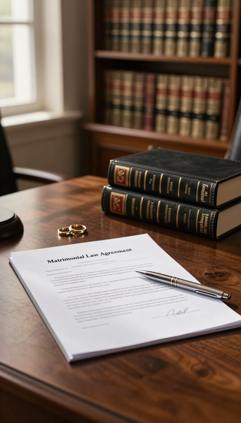 Escritorio de un bufete de abogados con un documento firmado, un bolígrafo, anillos de oro y libros de derecho al fondo.