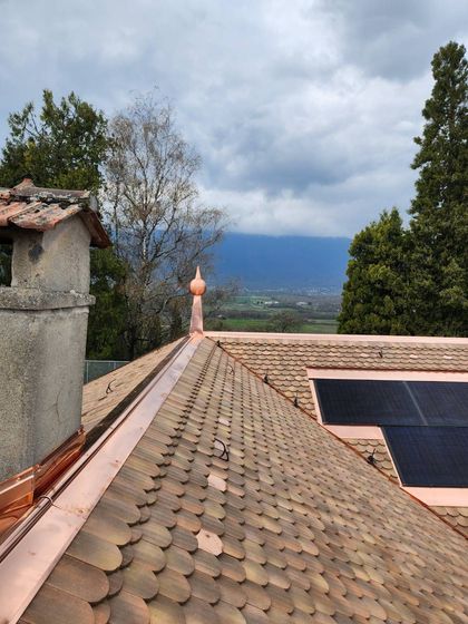 Vue depuis le toit avec des tuiles en terre cuite, des arbres et des montagnes au loin sous un ciel nuageux.