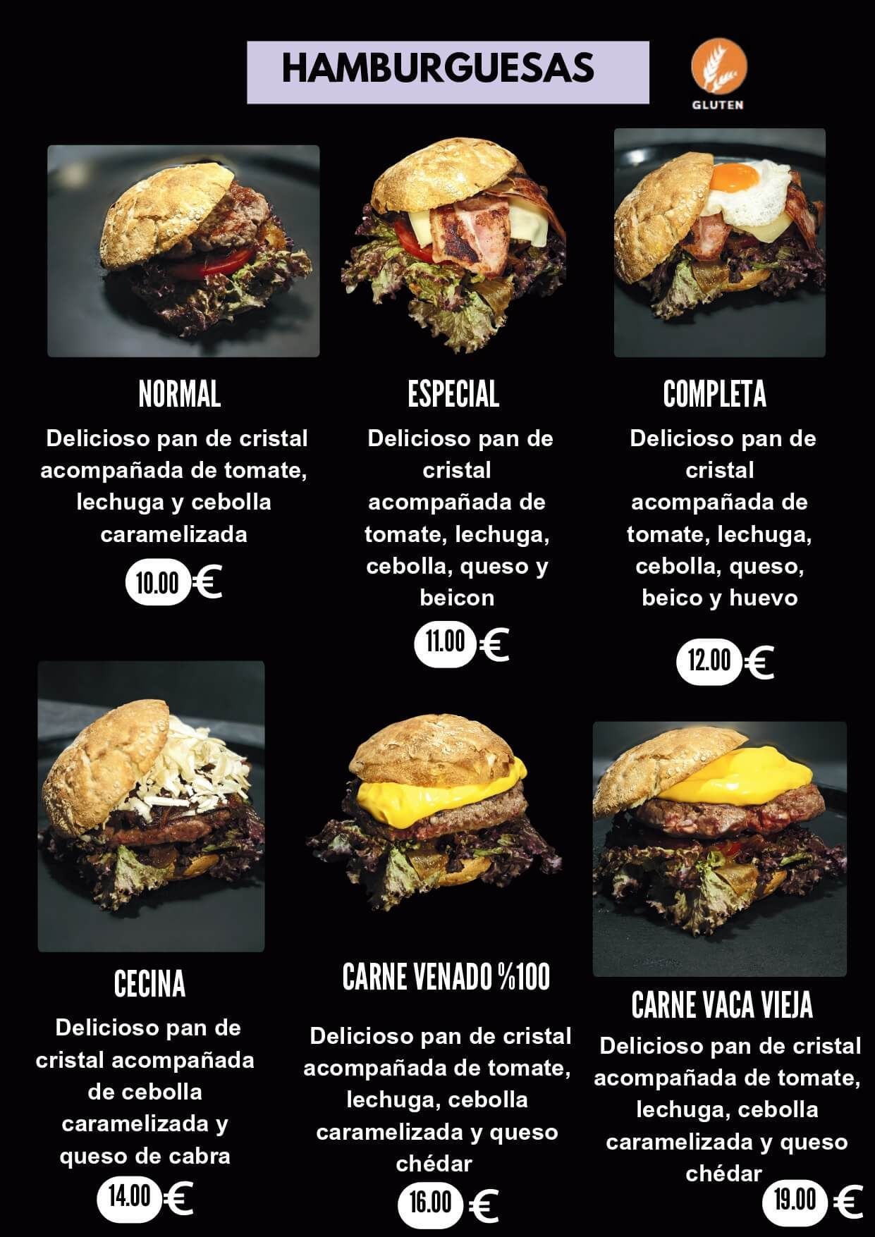 Menú con seis hamburguesas diferentes con descripciones y precios.