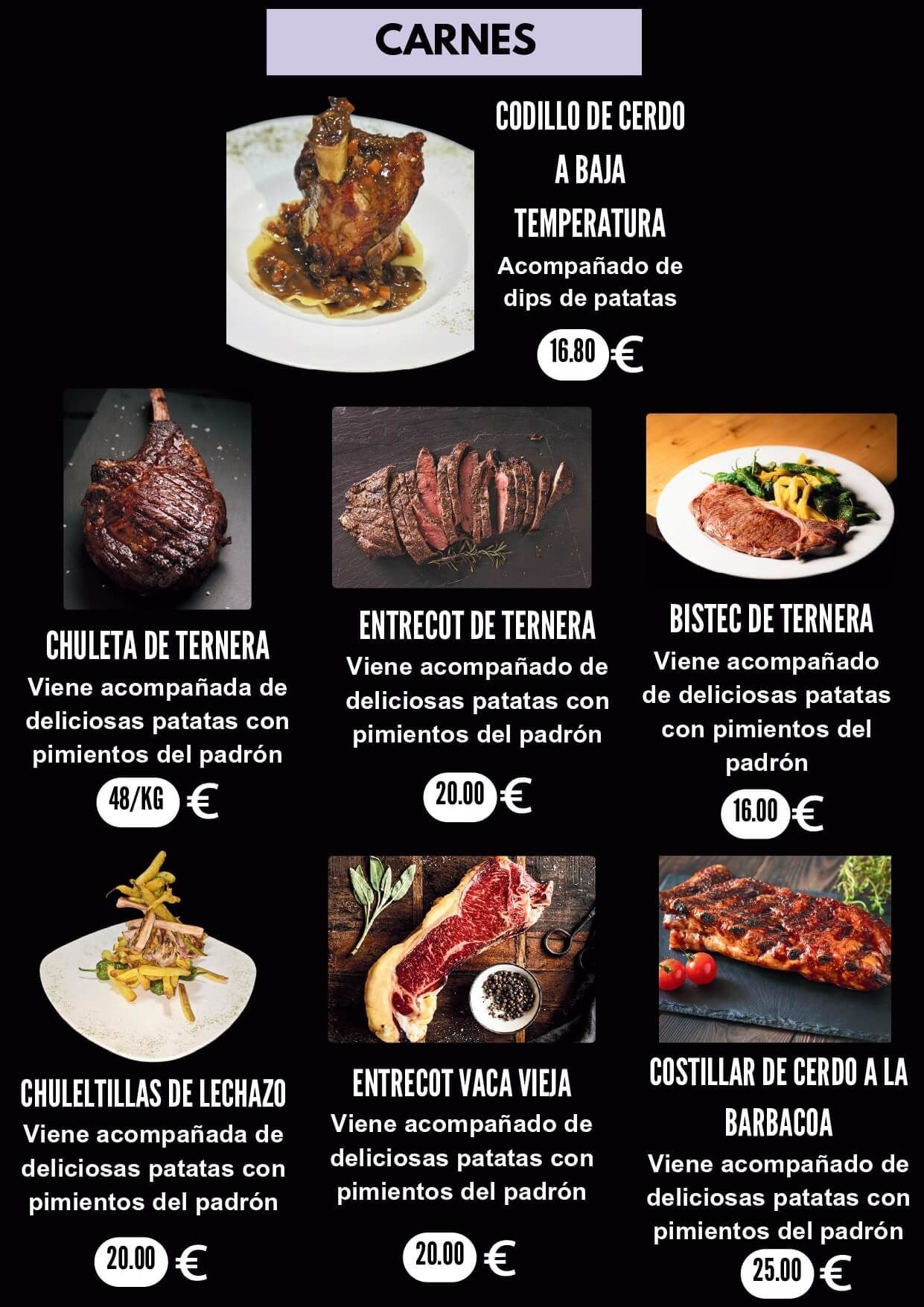 Menú con platos de carne, con imágenes de cada plato y sus precios.