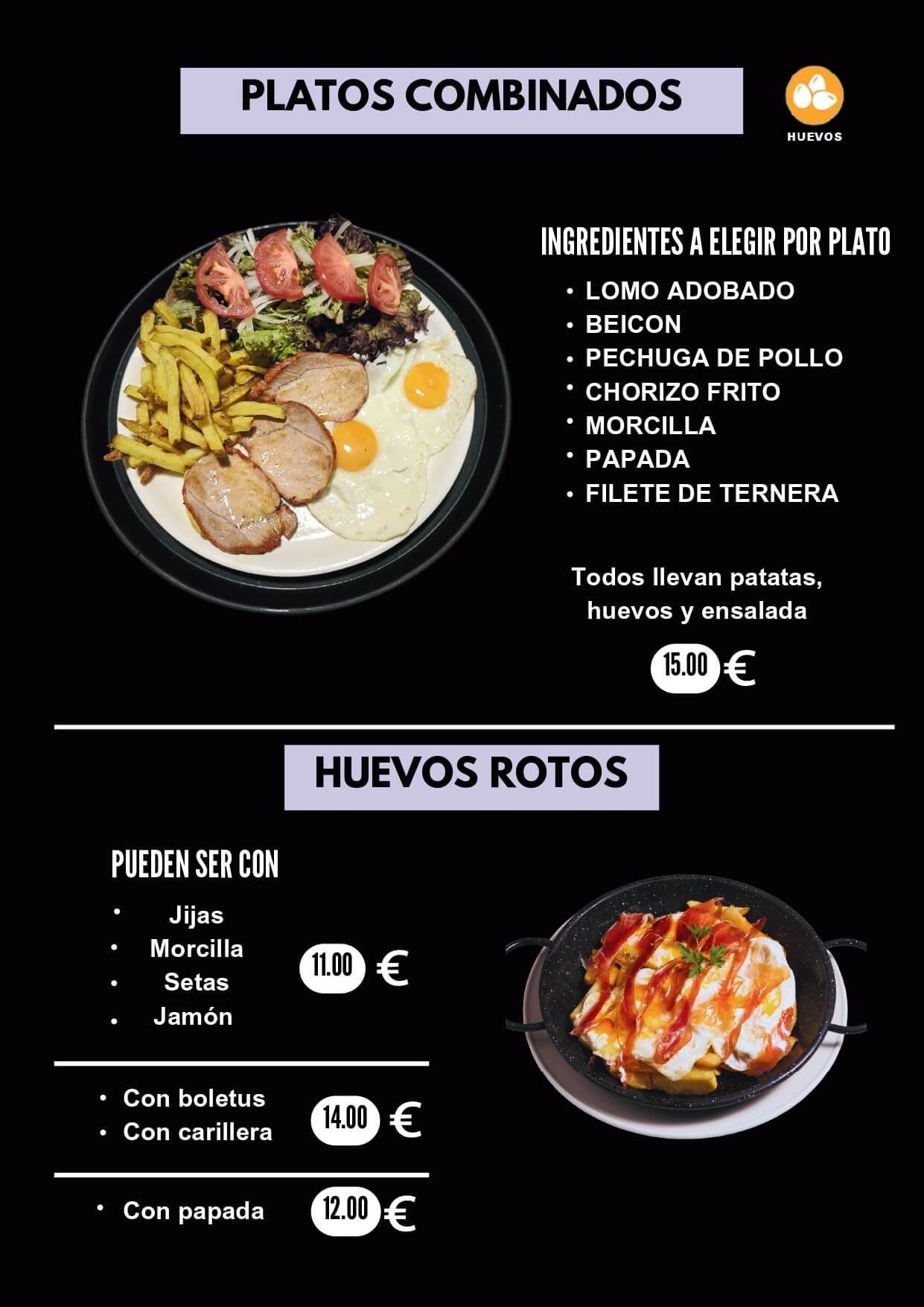 Menú con platos combinados y opciones de huevos rotos. Incluye ingredientes y precios.
