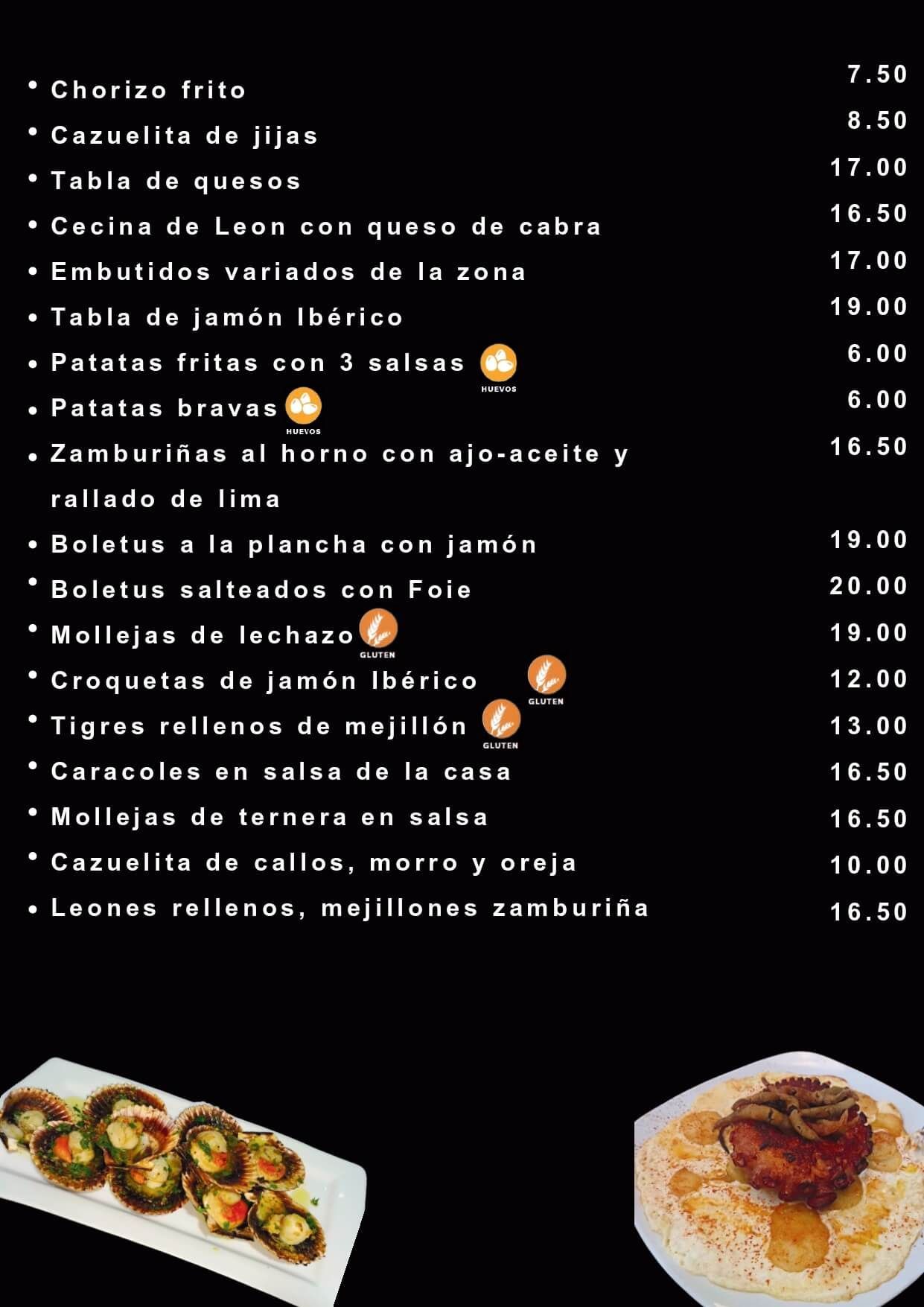 Menú con opciones de comida, precios y fotos pequeñas. Fondo negro con texto blanco.