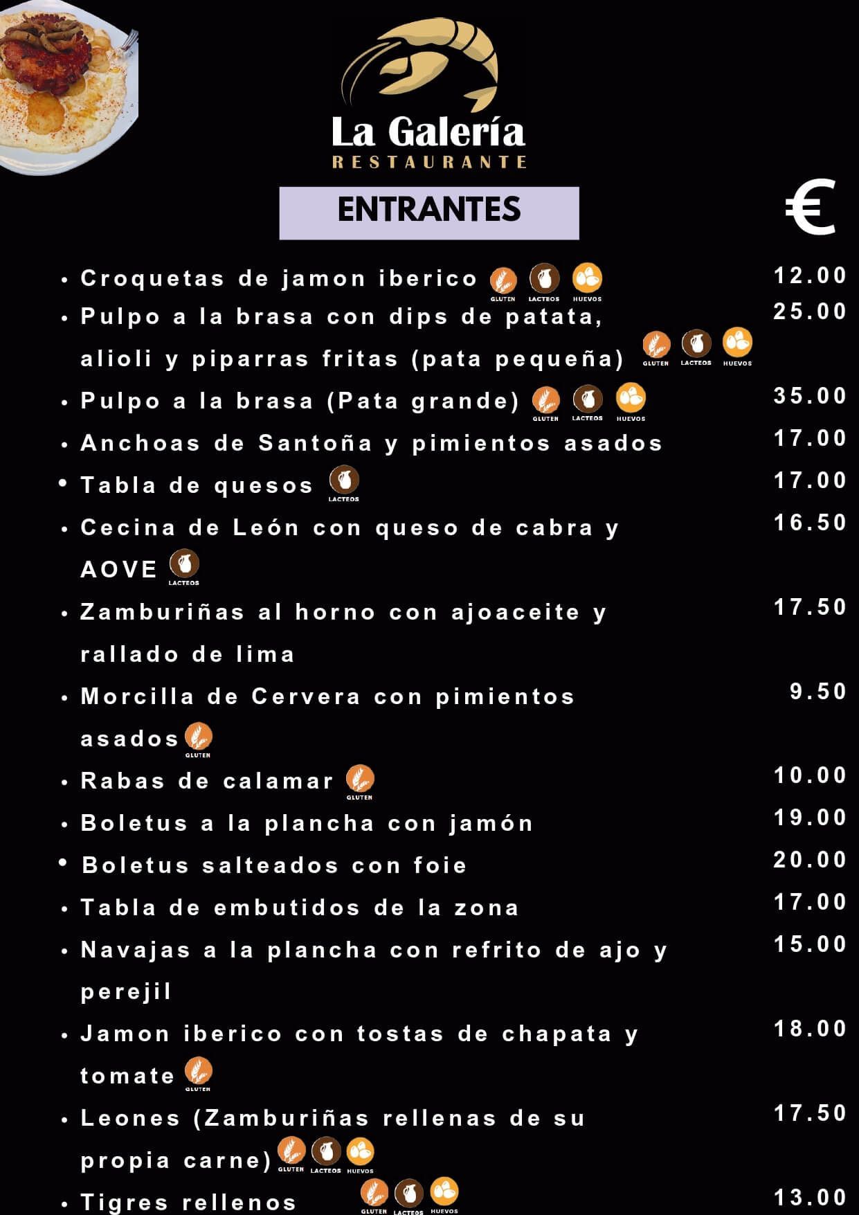 Menú del restaurante La Galería. Platos principales con precios en euros.