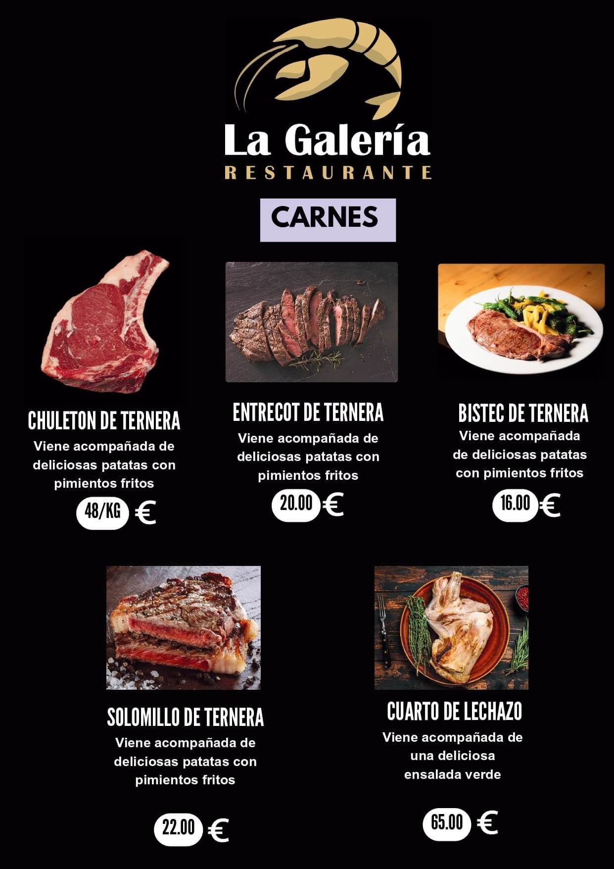 Menú con fotos de platos de carne: chuletón, entrecot, bistec, solomillo y cabrito. Fondo negro.