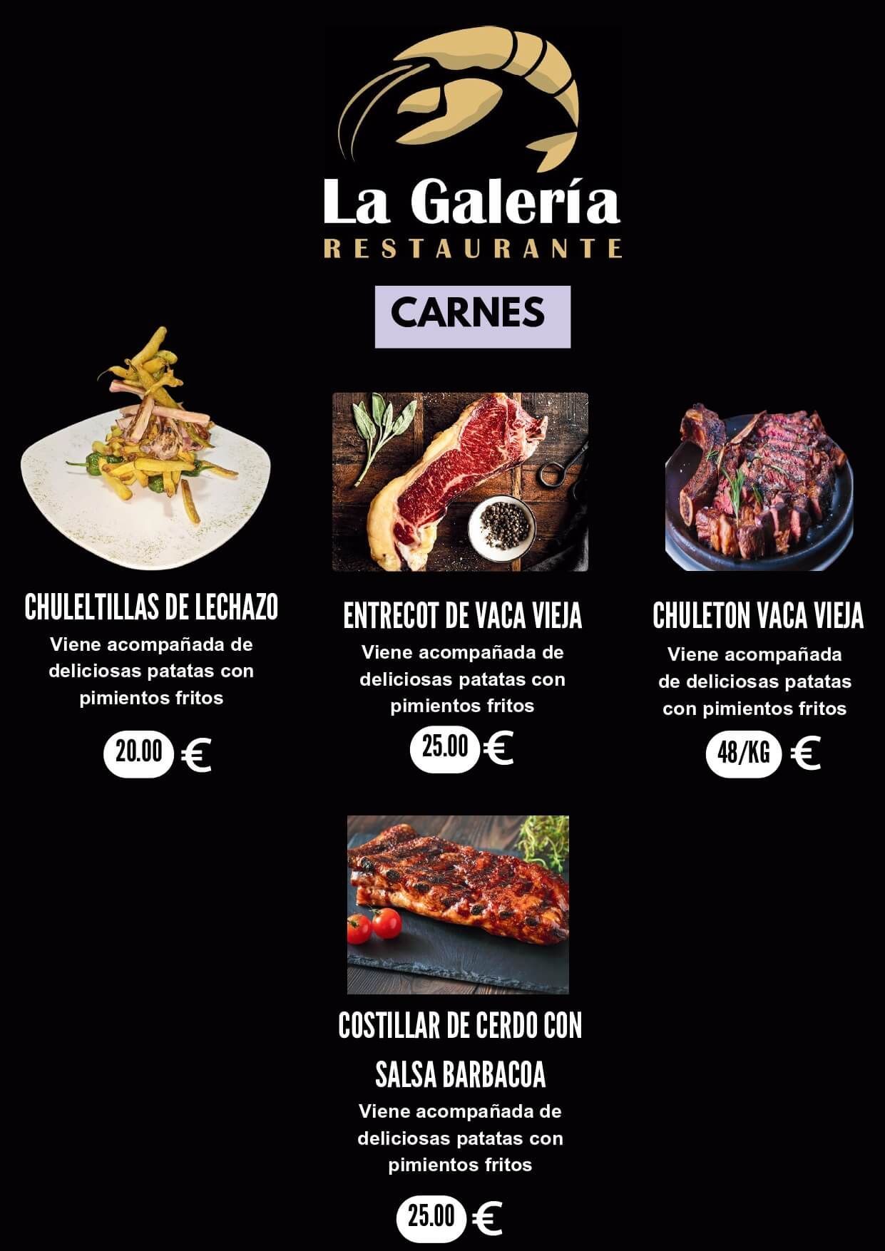 Menú de La Galería Restaurante: Platos de carne con precios. Incluye imágenes de cada uno.