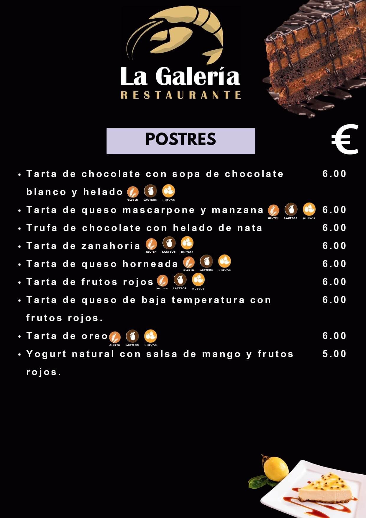 Carta de postres de 