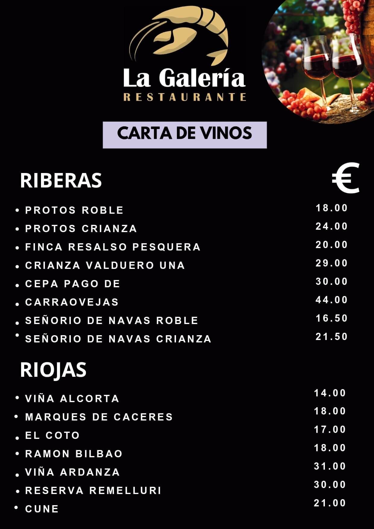 Wine list from La Galería Restaurante, featuring Ribera and Rioja wines with prices in Euros.