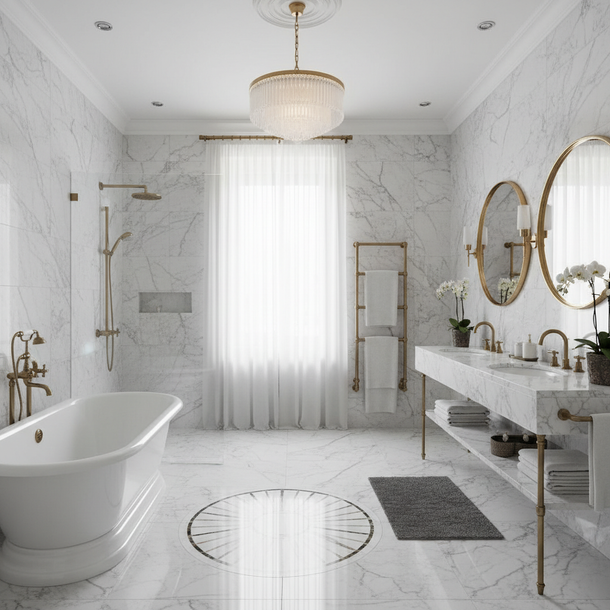 Élégante salle de bains en marbre blanc avec baignoire îlot, lustre, double vasque et grande fenêtre
