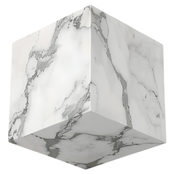 Cube blanc à motif marbré veiné de gris sur fond uni