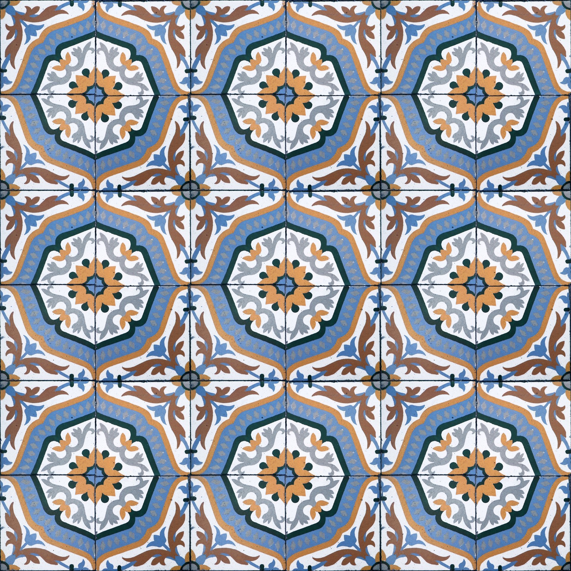 Motif de carreaux géométriques bleus, oranges et gris avec médaillons floraux répétitifs