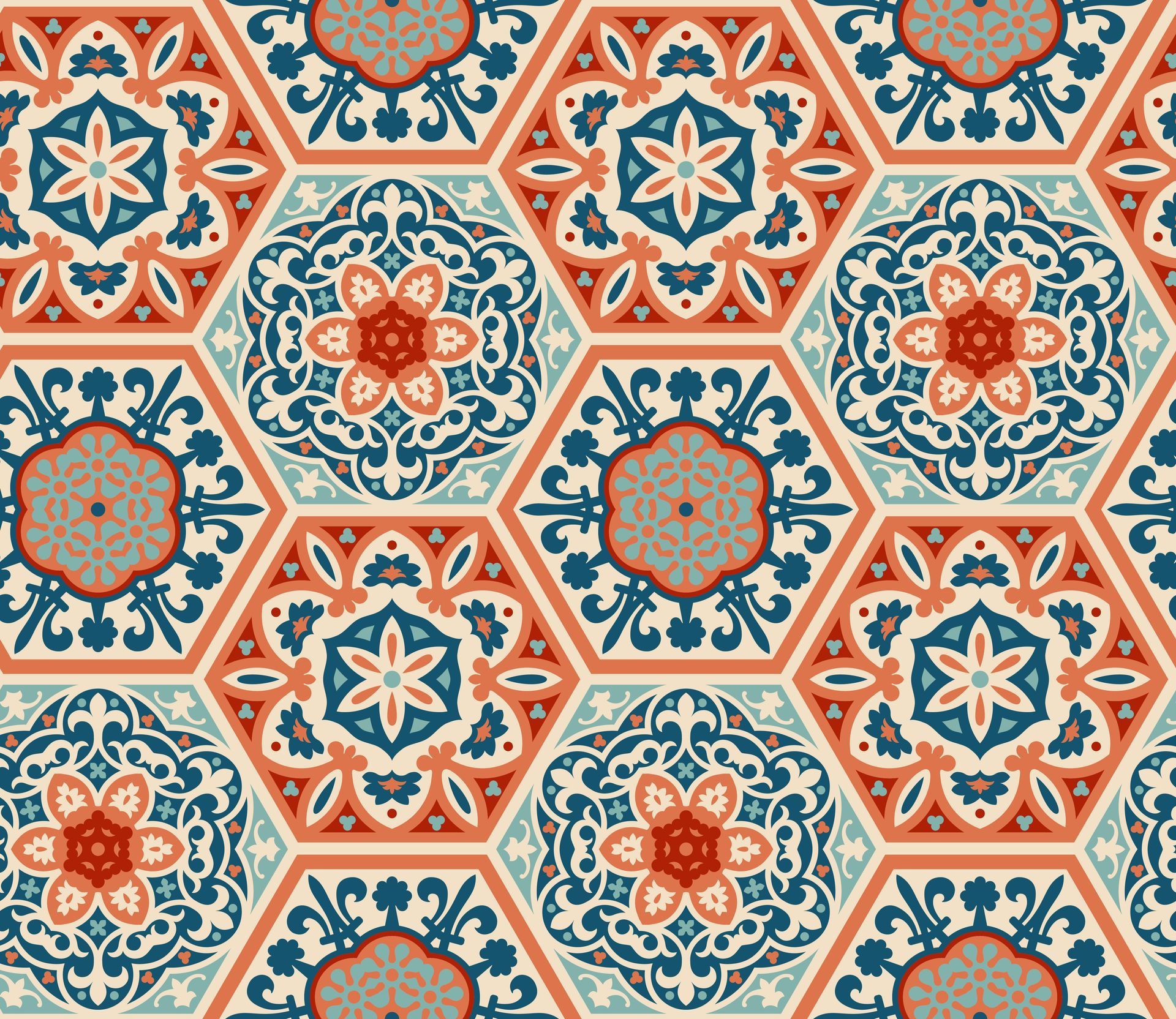 Motif de carreaux floraux géométriques dans les tons turquoise, corail et crème, avec des hexagones et des rosettes répétitifs.