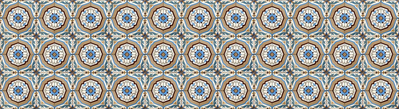 Motif de carreaux géométriques répétitifs bleus, blancs, beiges et noirs avec des motifs circulaires.