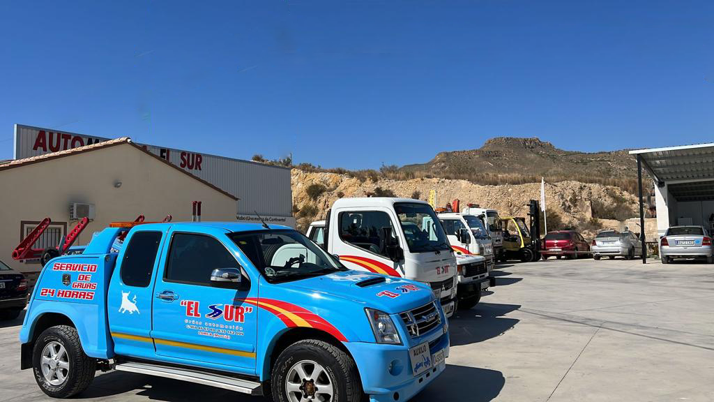 Varias grúas de diferentes tamaños estacionadas frente a un edificio en un día soleado.