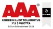 AAA logo with Finnish text “Korkein luottoluokitus yli 5 vuotta” and Dun & Bradstreet 2026 Platinum badge