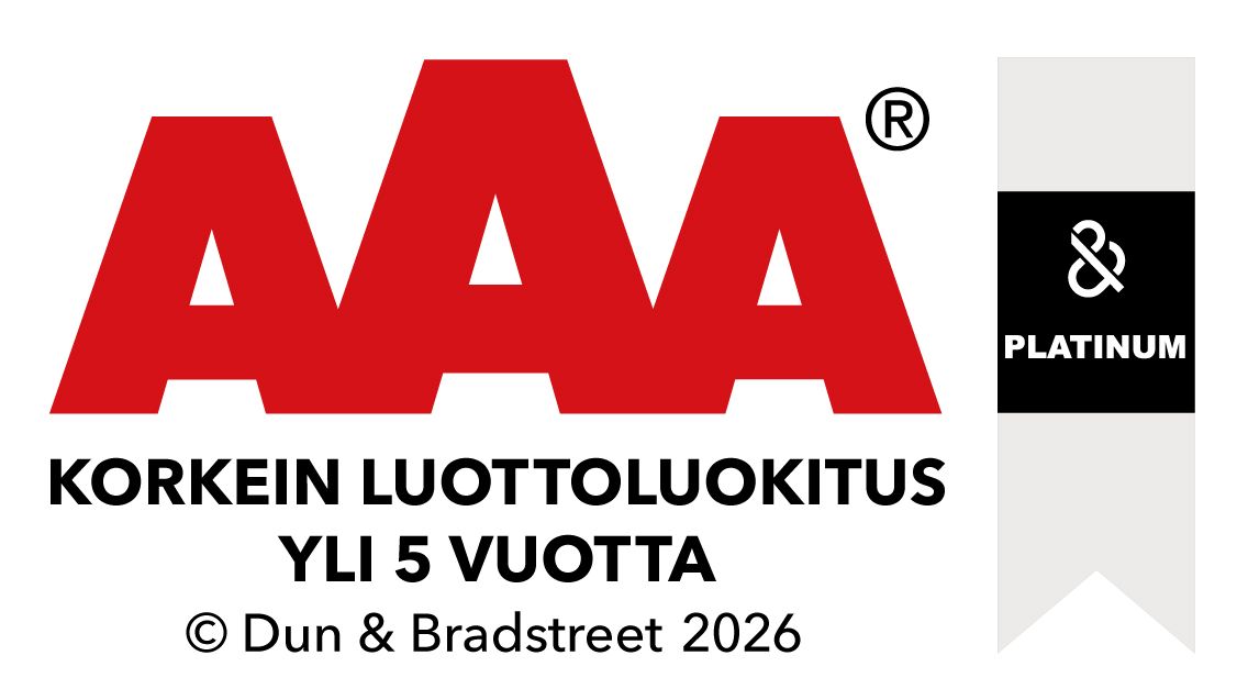 AAA logo with Finnish text “Korkein luottoluokitus yli 5 vuotta” and Dun & Bradstreet 2026 Platinum badge