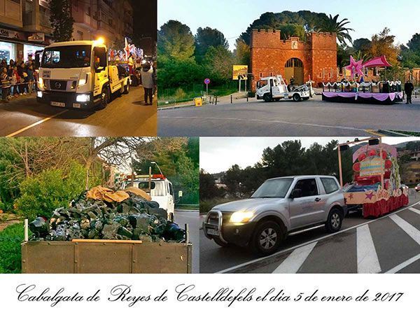 Collage de carrozas y vehículos de desfile nocturno, con un castillo y un texto en español en la parte inferior.