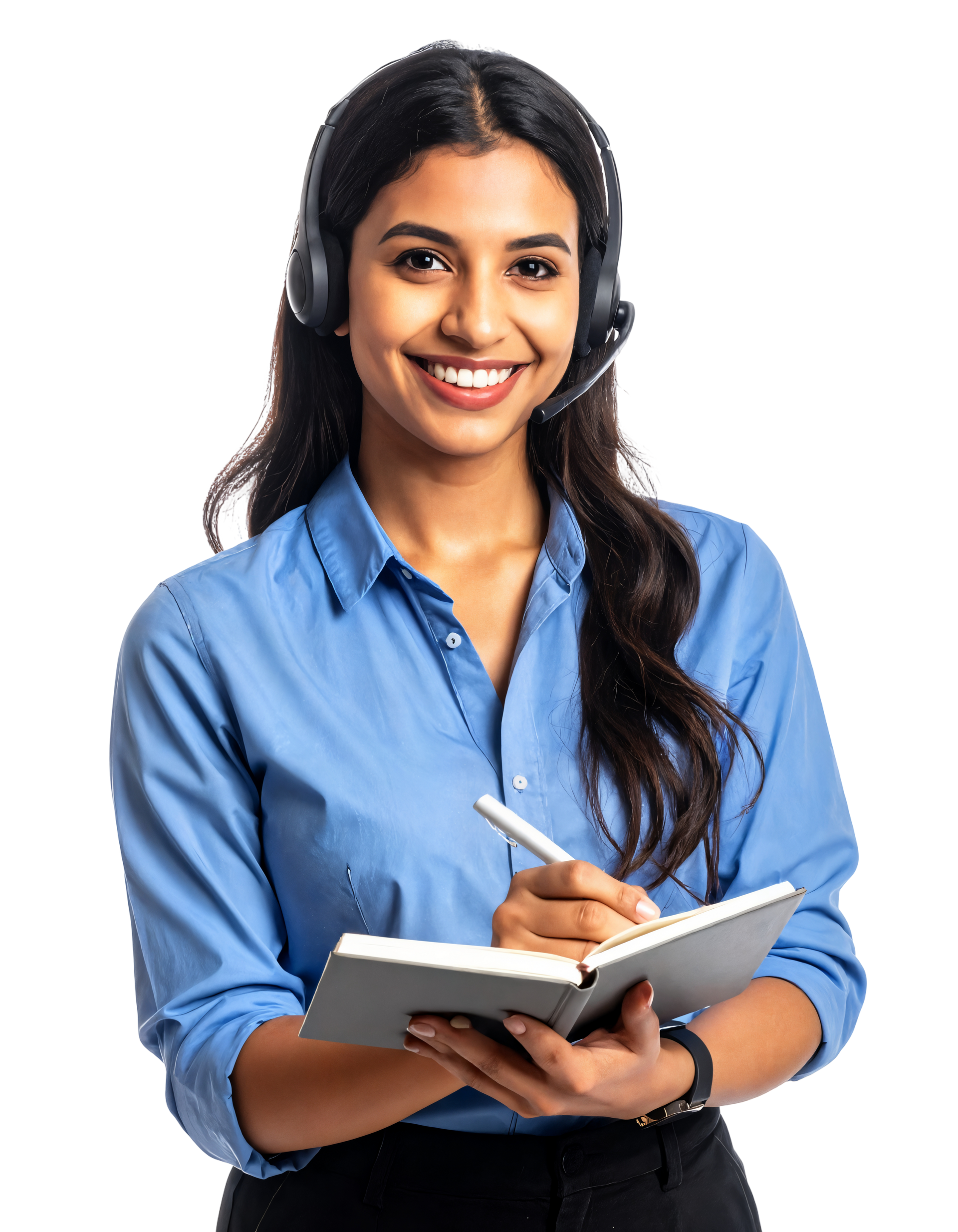 Femme portant un casque audio, souriante, écrivant dans un carnet.