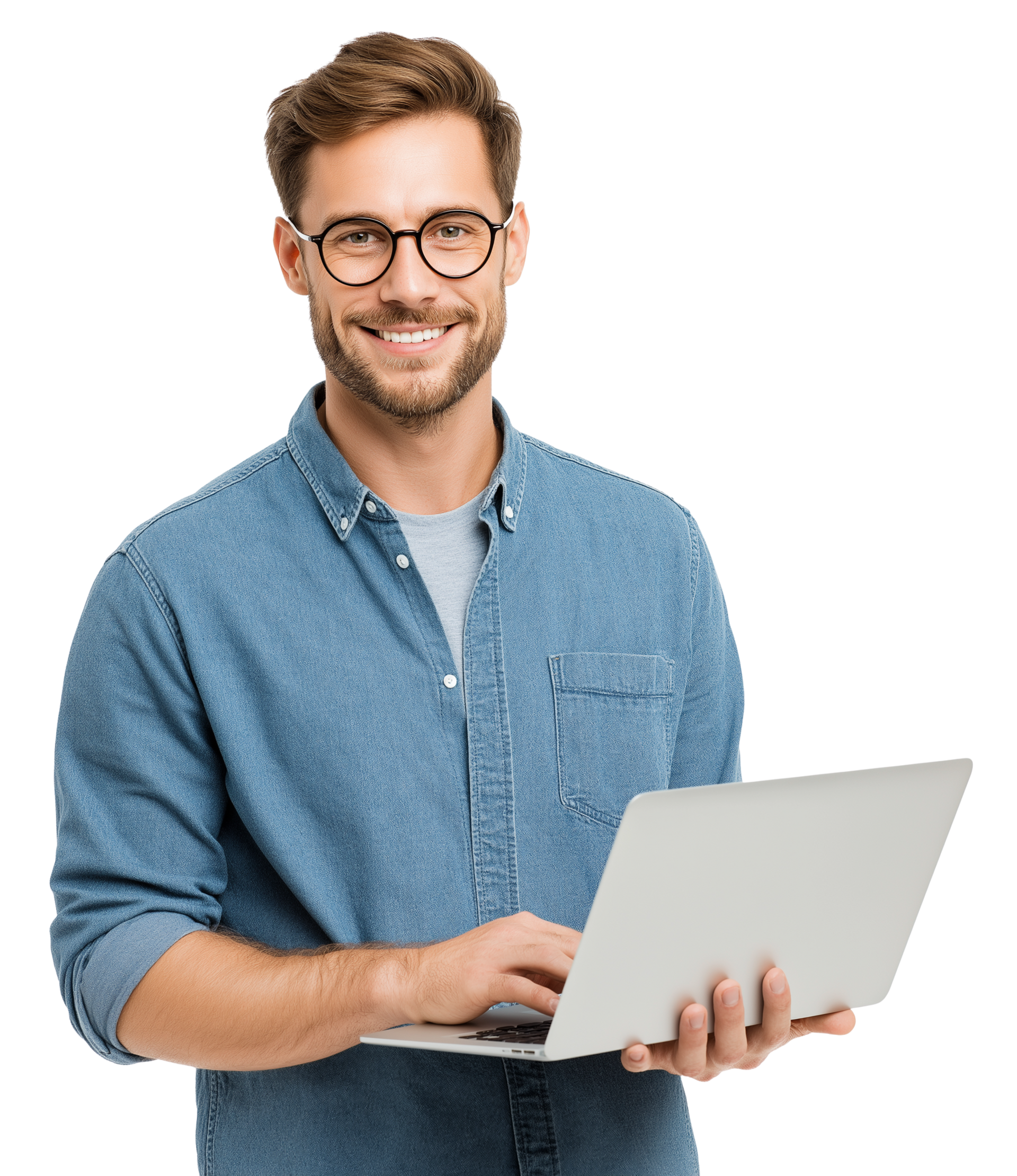 Un homme portant des lunettes, souriant, tient un ordinateur portable et tape dessus, vêtu d'une chemise en jean bleu.