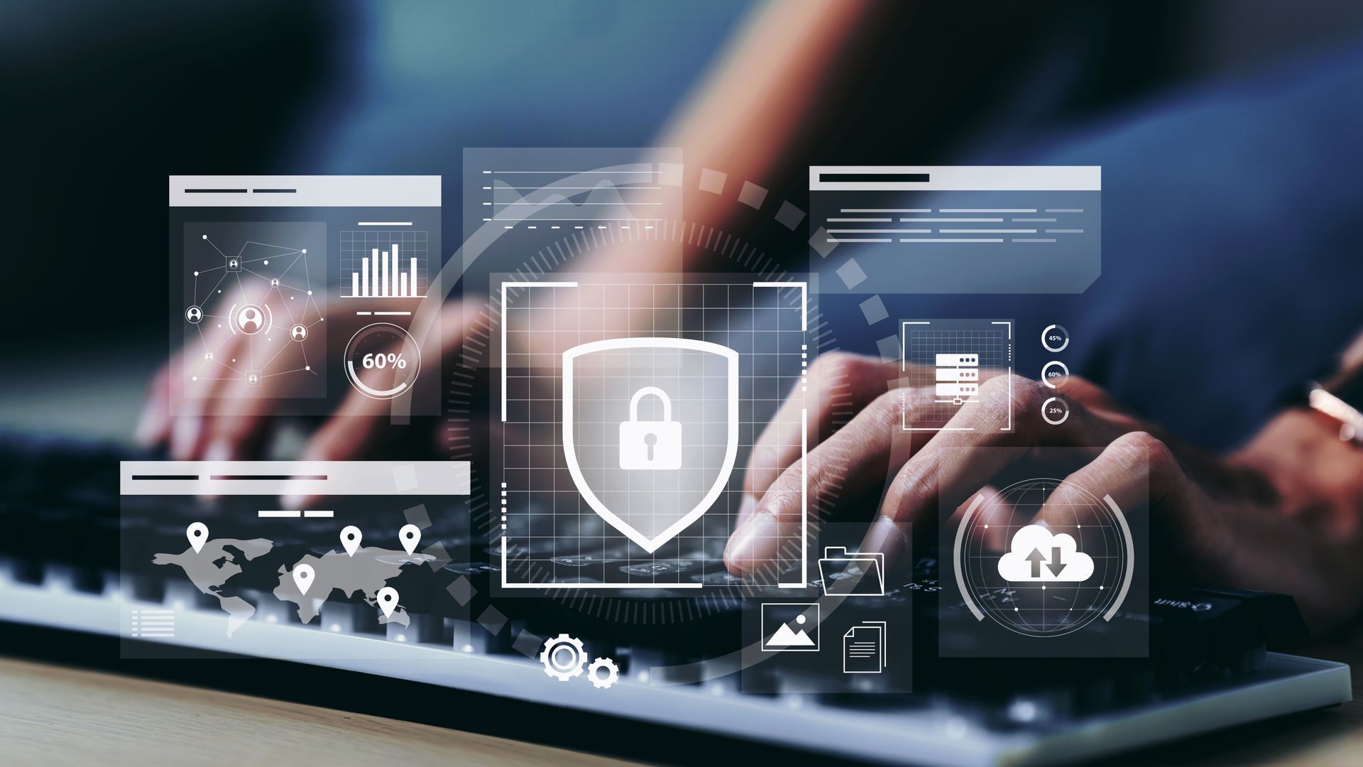Une personne tapant sur un clavier, avec des icônes de cybersécurité superposées.