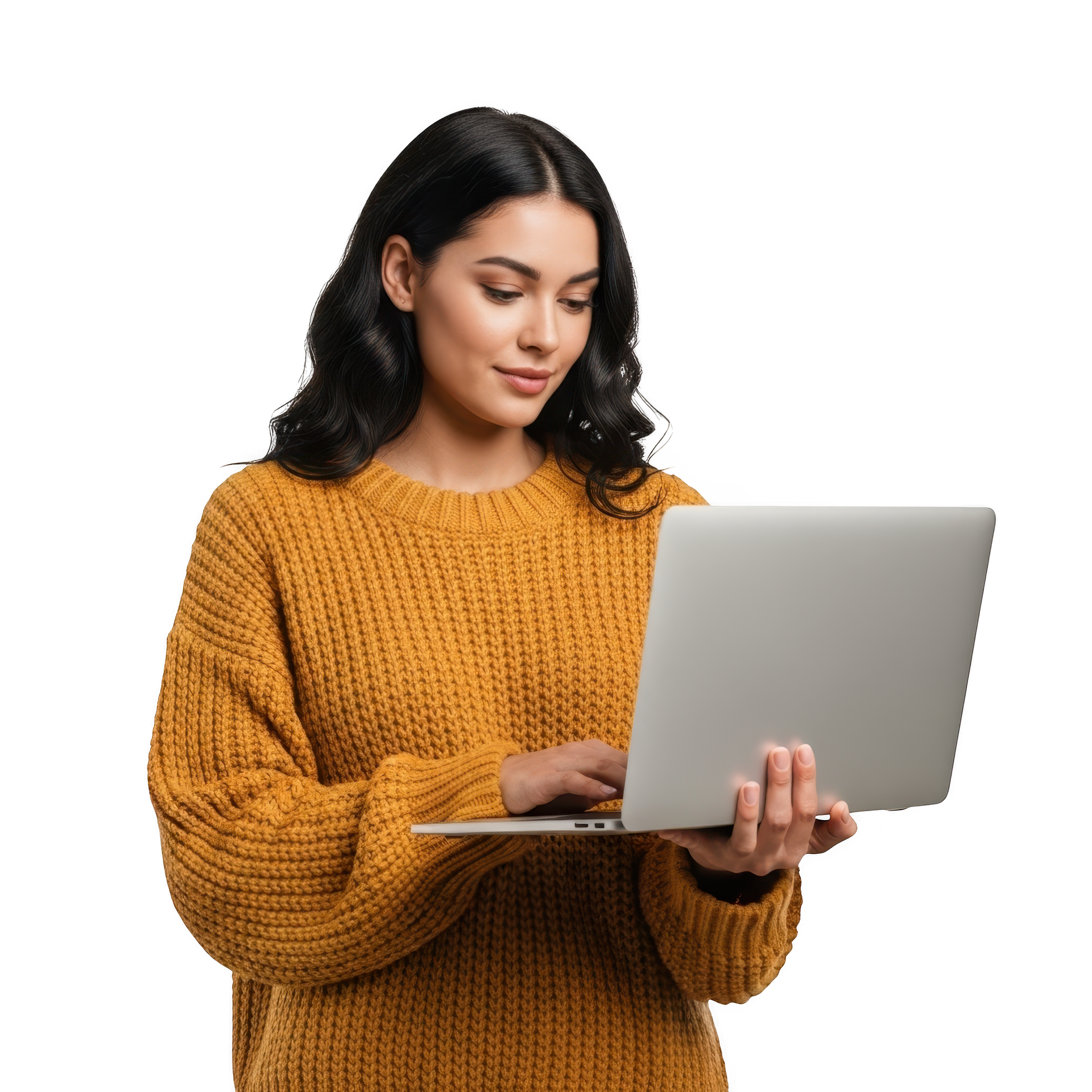 Femme en pull jaune utilisant un ordinateur portable, regardant l'écran.