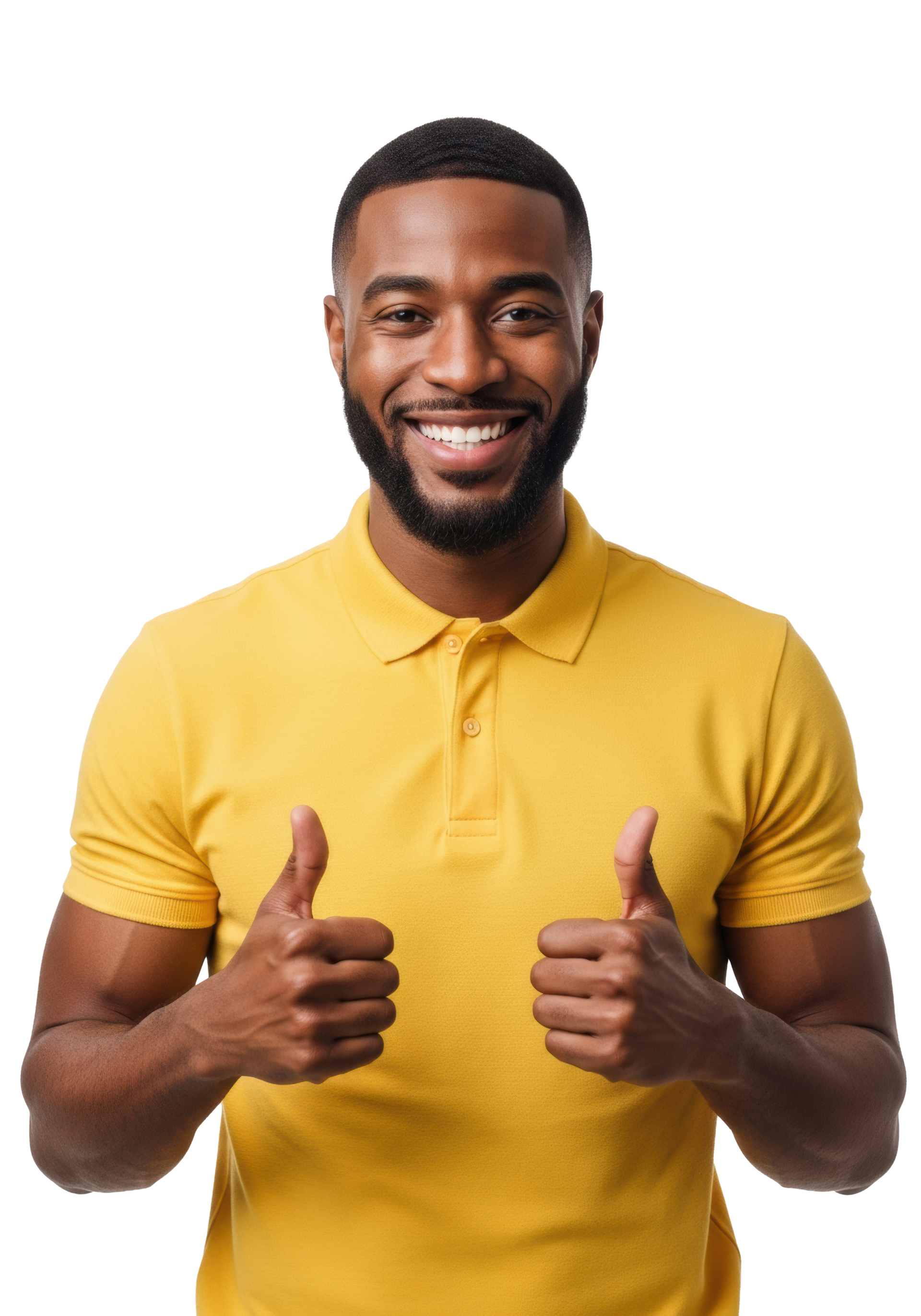 Un homme en polo jaune fait un double signe de pouce levé et affiche un large sourire.