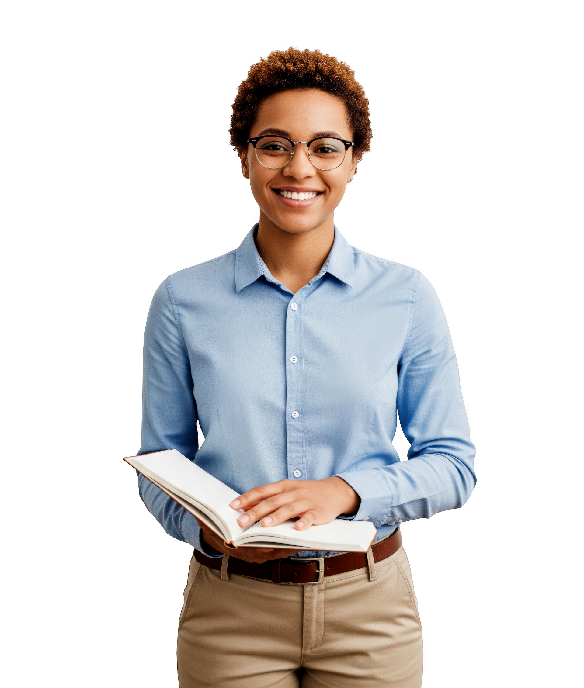 Une femme en chemise bleue, portant des lunettes, sourit en tenant un livre ouvert.