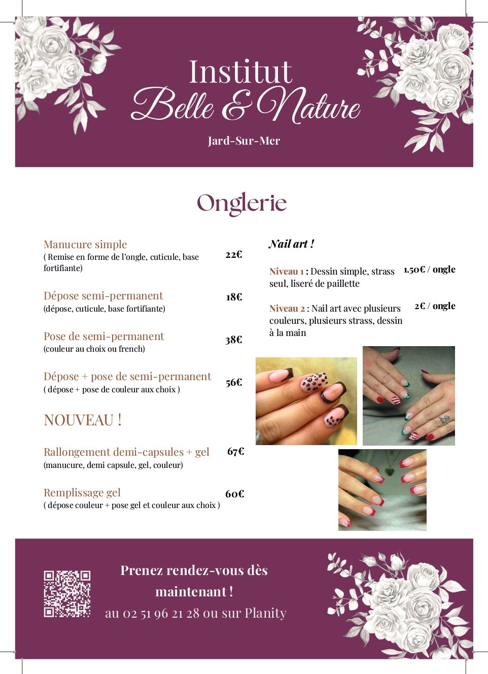 Liste de prix des manucures avec photos des ongles et code QR