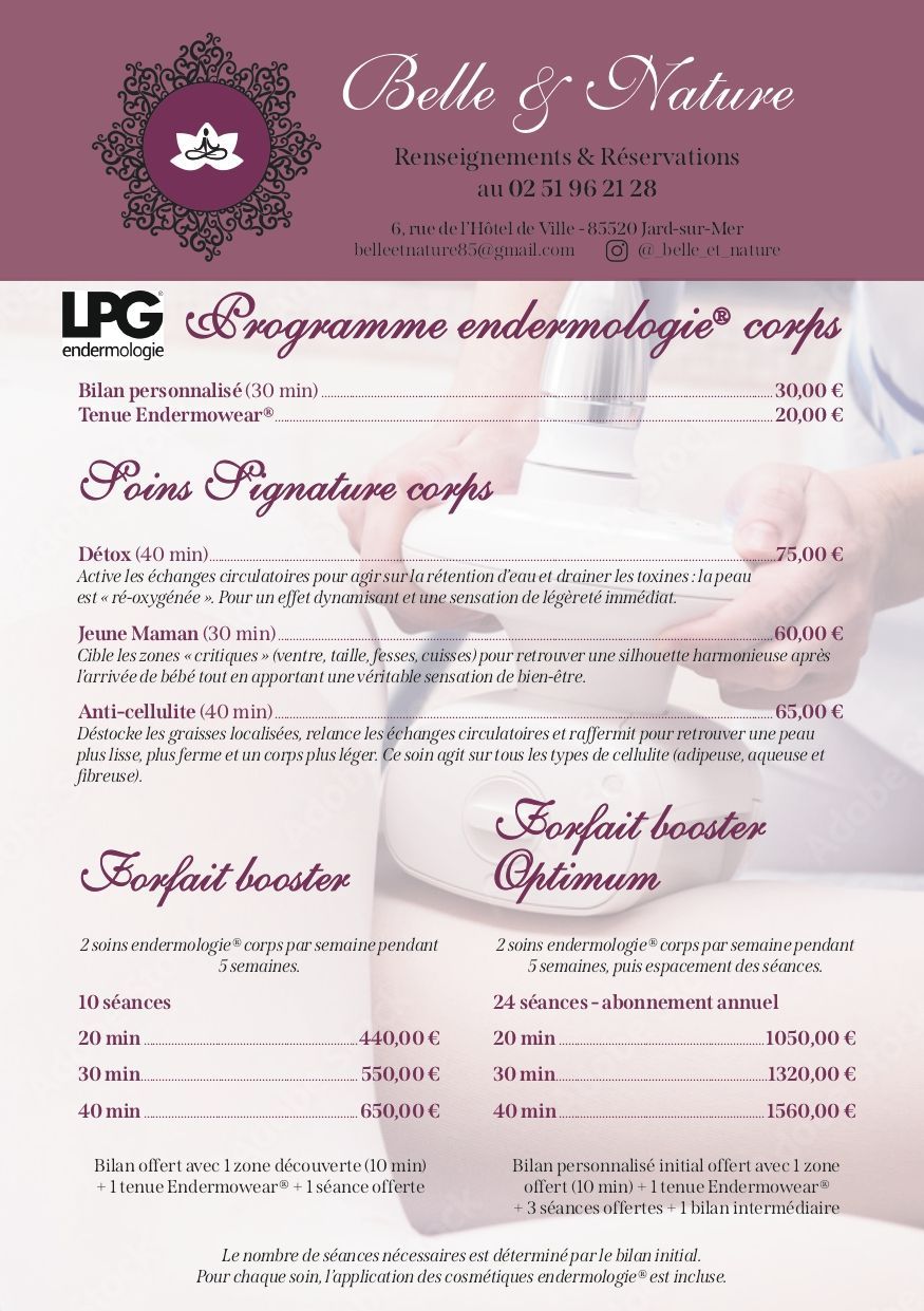 Dépliant bordeaux et blanc pour un salon de beauté proposant des soins par cavitation/pressothérapie au LPG, avec description de l'appareil et des tarifs.