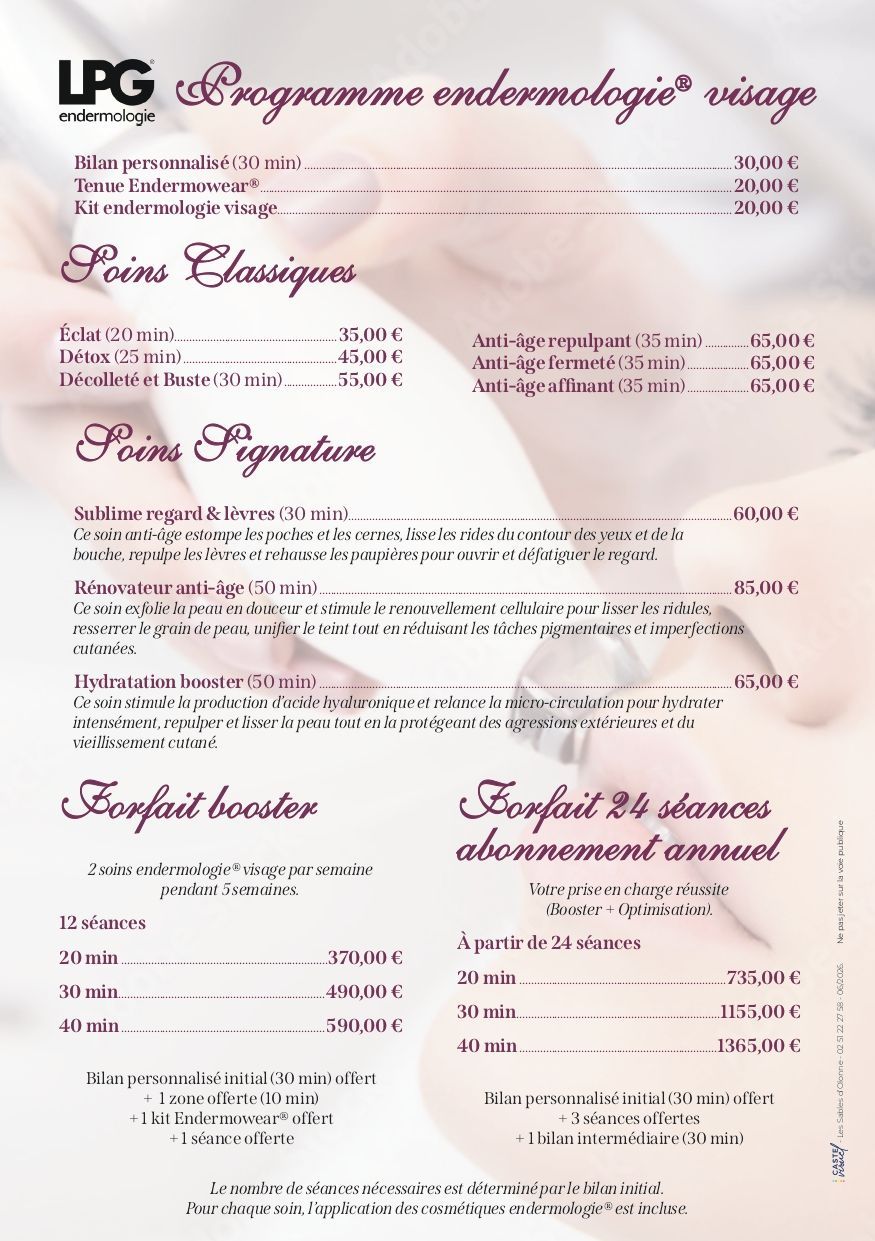 Carte des soins de la peau Endermologie de la marque LPG sur fond rose pâle, avec liste des services et tarifs