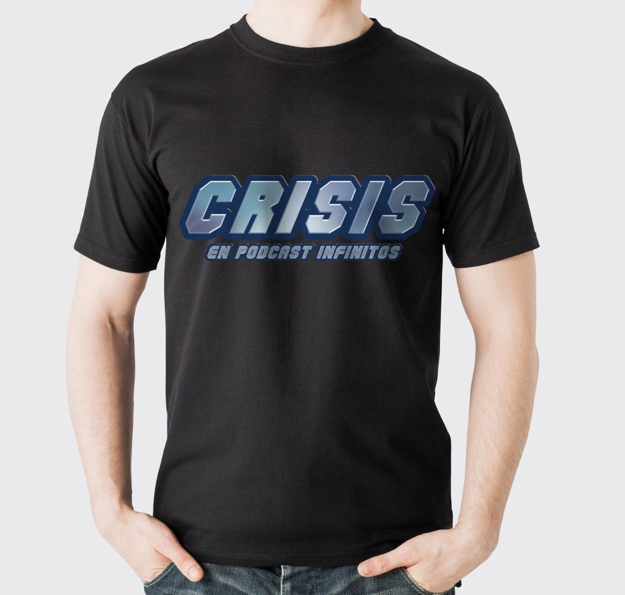 Un hombre que lleva una camiseta negra que dice crisis.