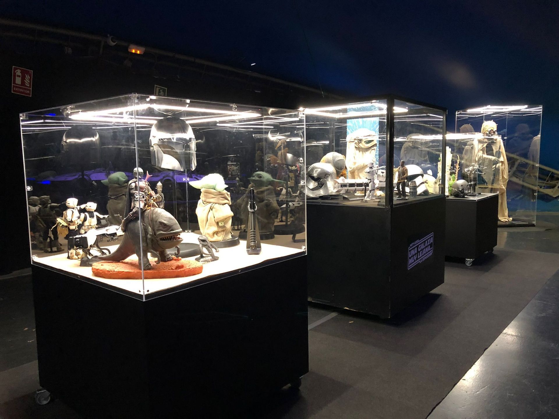 Una exhibición de figuras de Star Wars en vitrinas de cristal.