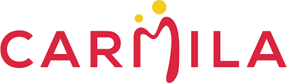 Un logotipo rojo y amarillo para Carmila sobre un fondo blanco.
