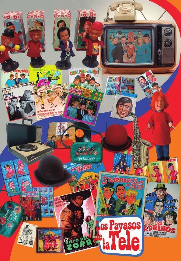 Un cartel de Los Payasos La Tele muestra una televisión, un saxofón y otros artículos.