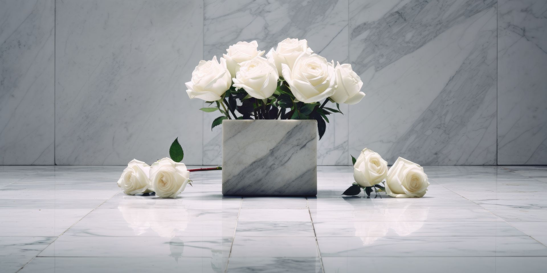 Photo d'un vase en marbre contenant six roses blanches, posé sur un carrelage gris-blanc au-devant d'un mur en marbre gris-blanc. Deux roses sont posées à gauche du vase et deux autres à droite du vase.