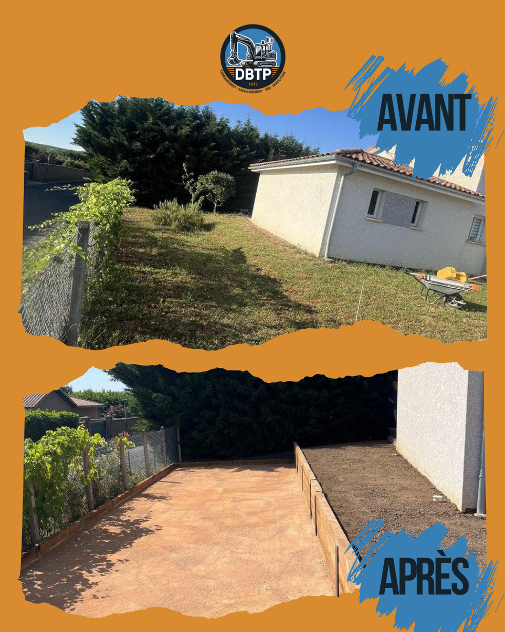 Avant/après d’un jardin : pelouse et buisson remplacés par une terrasse en béton près d’une maison blanche