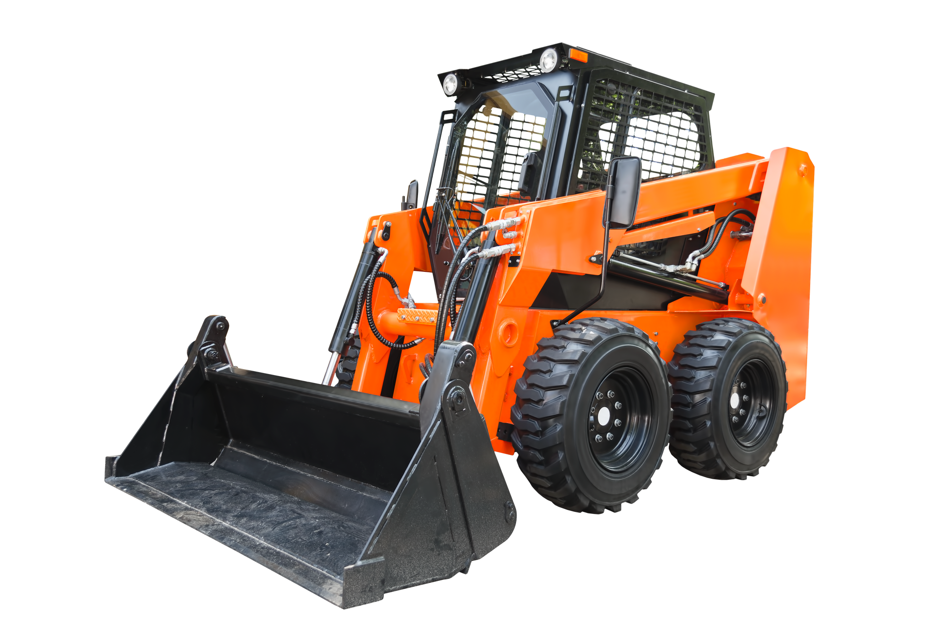 Chargeuse compacte orange avec godet noir sur fond blanc