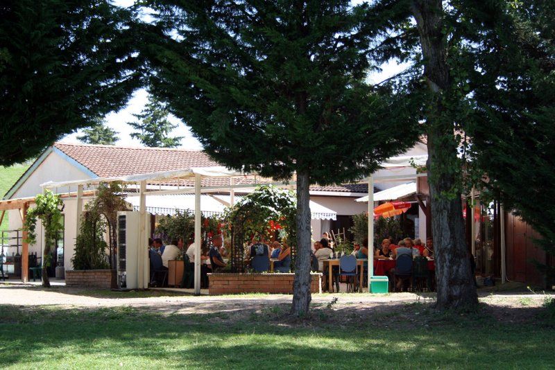 Un groupe de personnes dîne sous une terrasse ombragée attenante à un bâtiment, encadrée par de grands arbres, par une journée ensoleillée.