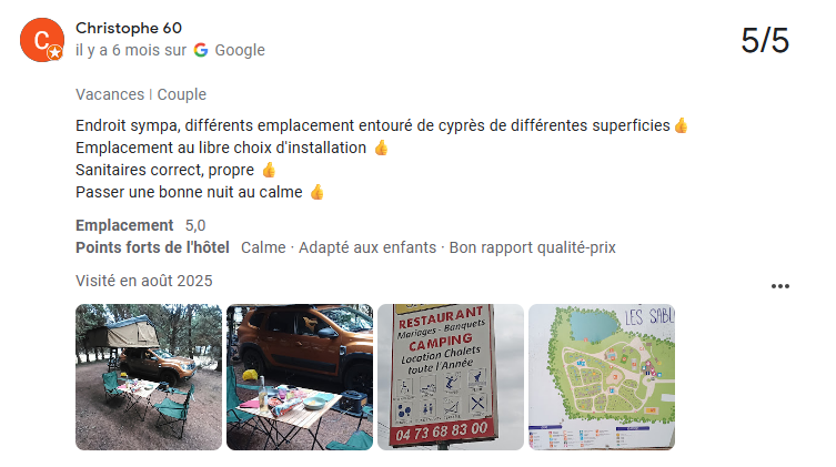Un avis Google avec 5/5 étoiles de Christophe D, comprenant quatre photos d'un camping, dont une carte et les environs.