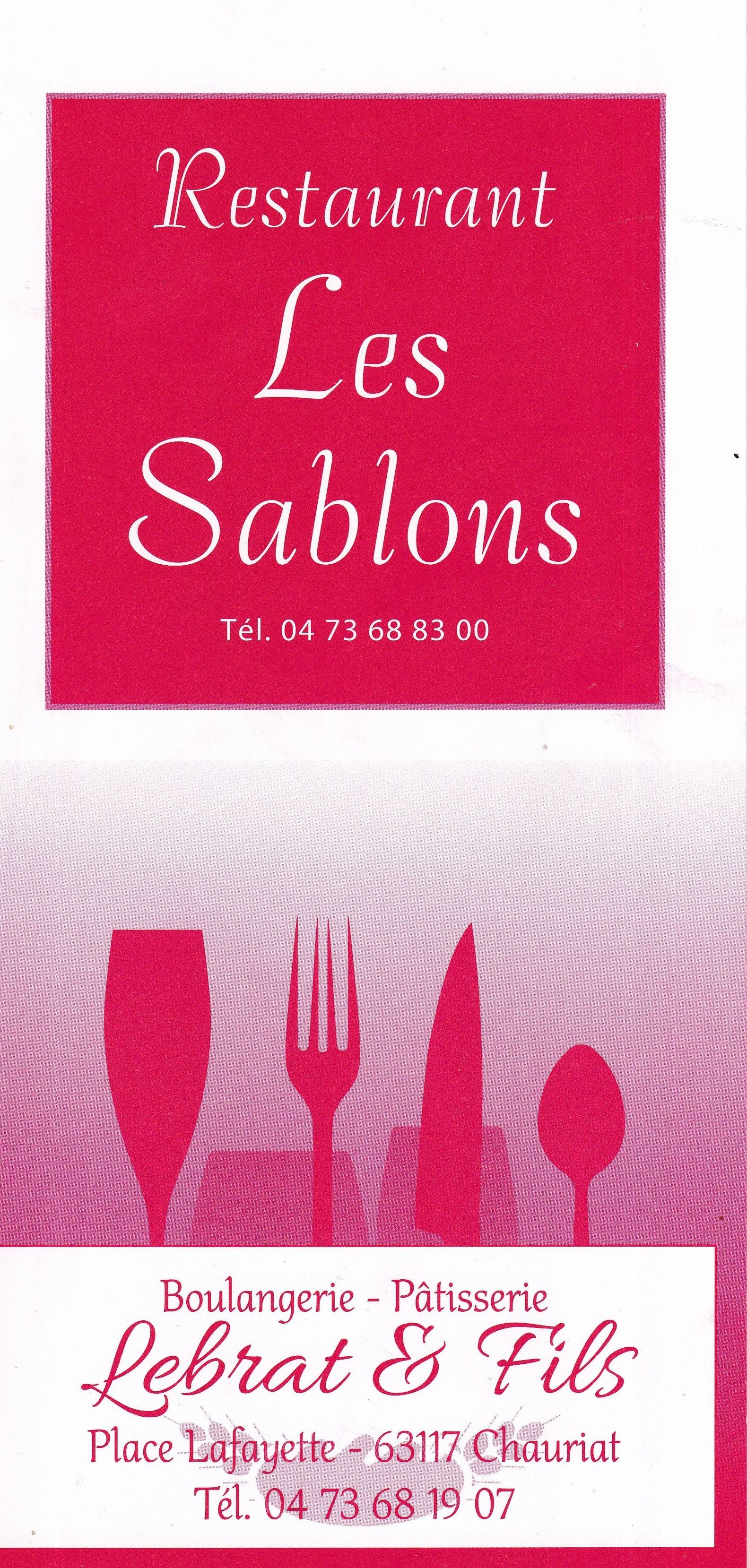 Une carte de visite verticale arborant le logo rouge du « Restaurant Les Sablons » et les informations sur la boulangerie « Lebrat & Fils ».