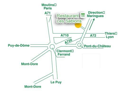 Carte indiquant l'emplacement du restaurant Les Sablons à proximité des grands axes routiers et des villes comme Clermont-Ferrand et Pont-du-Château.