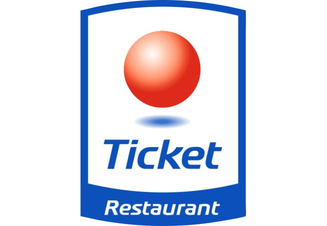 Le logo de Ticket Restaurant, représentant une sphère rouge au-dessus des mots « Ticket » et « Restaurant » à l'intérieur d'un cadre rectangulaire bleu.
