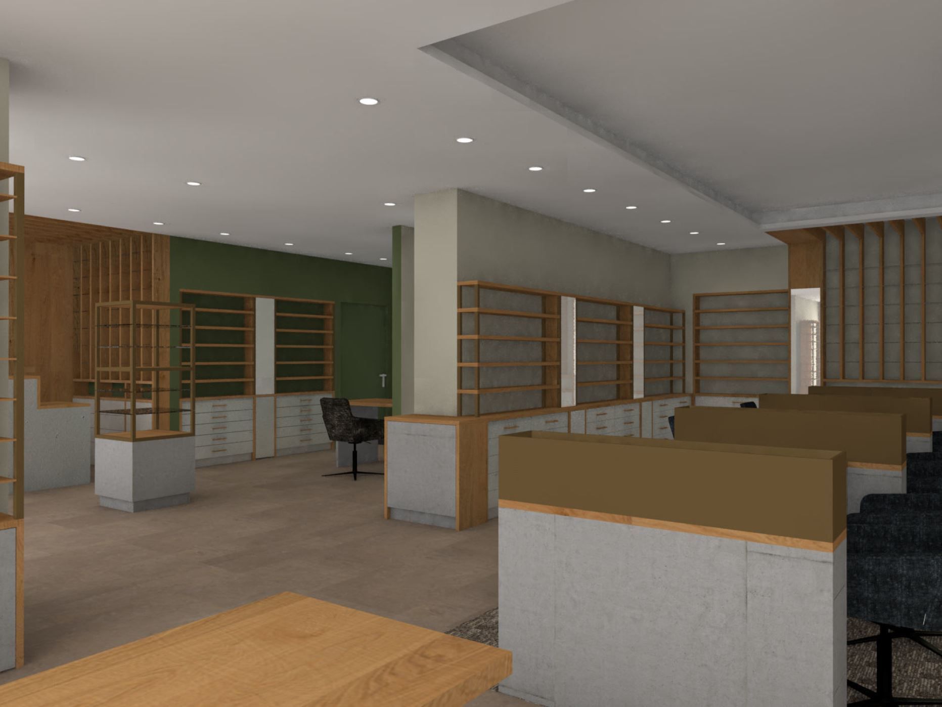 Ein computergeneriertes Bild einer Apotheke mit vielen Regalen