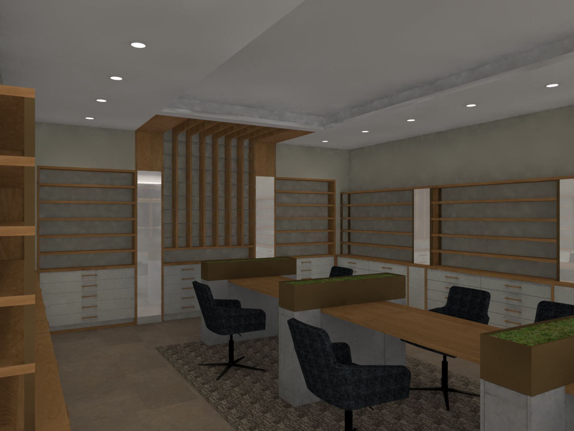 Ein computergeneriertes Bild einer Apotheke mit Tischen und Stühlen.