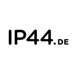 Das Logo für ip44.de ist ein schwarz-weißes Logo auf weißem Hintergrund.