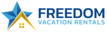 Freedom Vacation Rentals logo in blue and gold